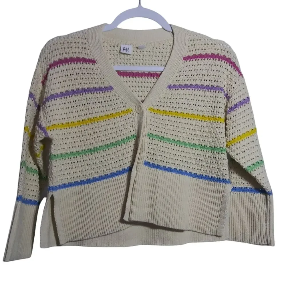 Gap Pointelle Cardigan Multi Stripe Cotton Spring Easter Button Front Size M